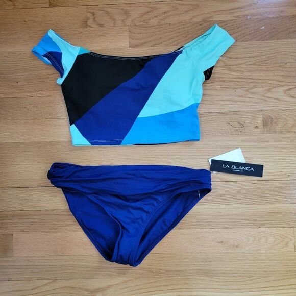 La Blanca Women's Blue & Black Crop Swim Top sz 8 & blue Bottoms bikini … - Picture 1 of 11